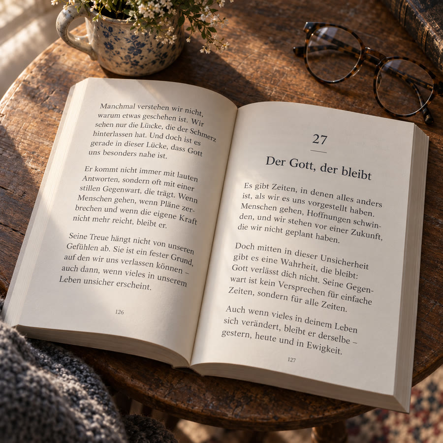 Aufgeschlagenes Buch mit großer Schrift und Lesebrille daneben