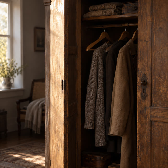 Ein halb geöffneter Kleiderschrank mit Kleidung