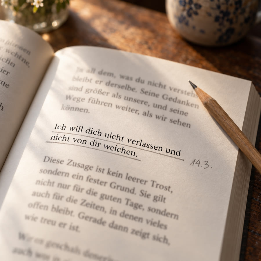 Eine Buchseite mit einem unterstrichenen Satz und einem Datum am Rand