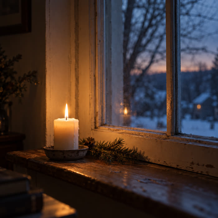 Eine brennende Kerze am Fenster in der Winterdämmerung