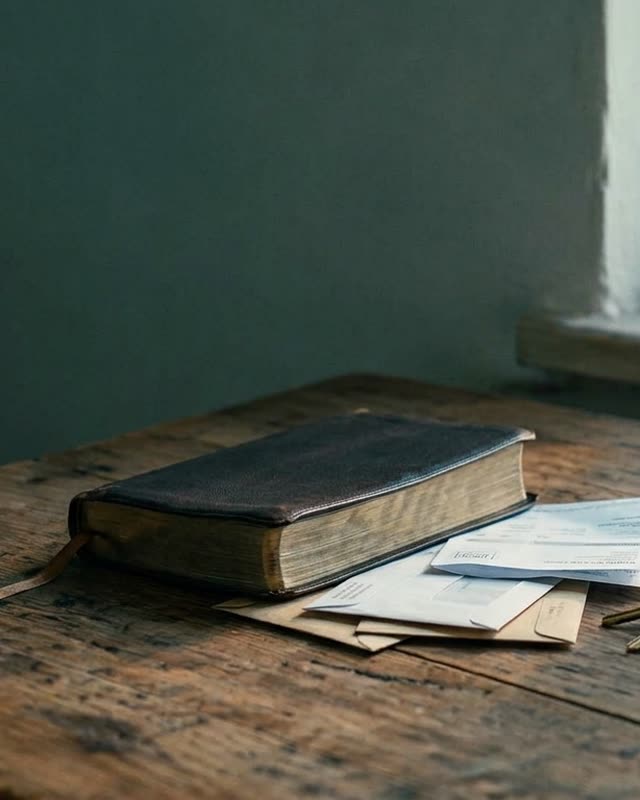 Eine geschlossene Bibel auf dem Küchentisch neben Briefen und Schlüsseln