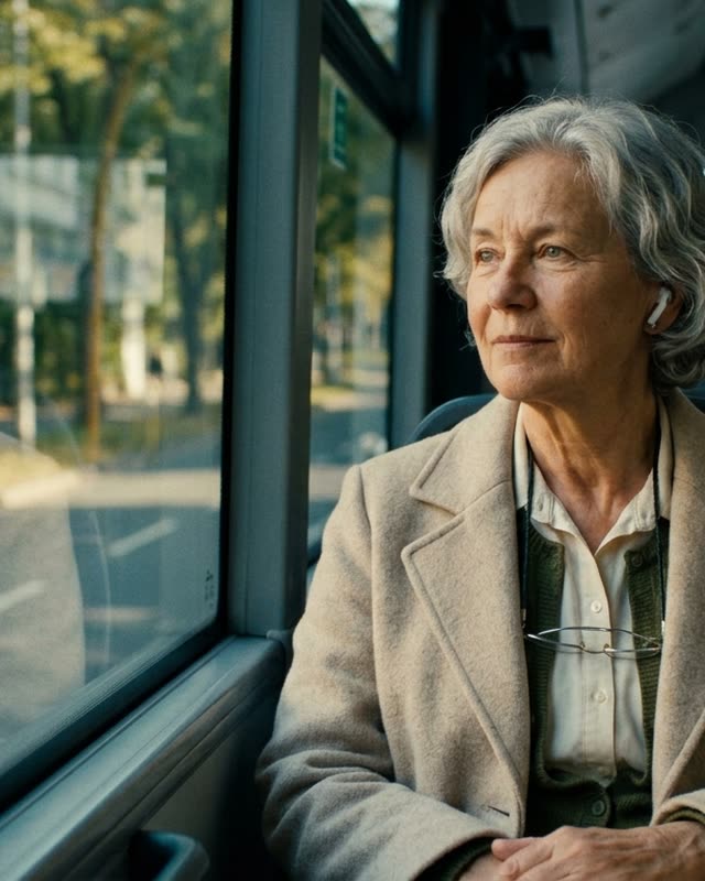 Die Frau sitzt im Bus am Fenster