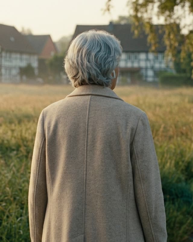 Die Frau geht einen Feldweg entlang